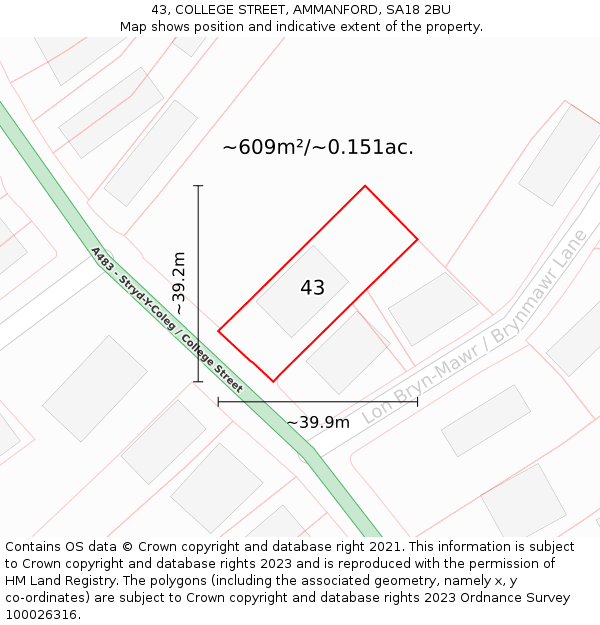 43, COLLEGE STREET, AMMANFORD, SA18 2BU: Plot and title map