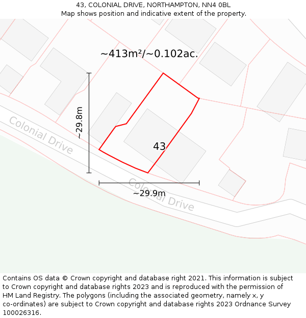 43, COLONIAL DRIVE, NORTHAMPTON, NN4 0BL: Plot and title map