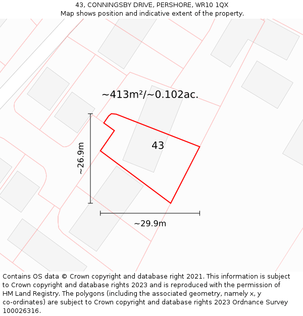 43, CONNINGSBY DRIVE, PERSHORE, WR10 1QX: Plot and title map