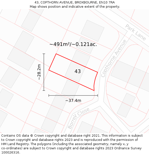 43, COPTHORN AVENUE, BROXBOURNE, EN10 7RA: Plot and title map