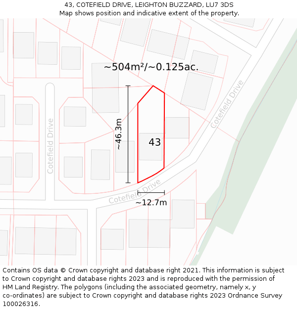 43, COTEFIELD DRIVE, LEIGHTON BUZZARD, LU7 3DS: Plot and title map