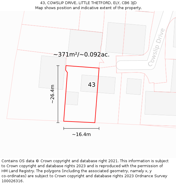 43, COWSLIP DRIVE, LITTLE THETFORD, ELY, CB6 3JD: Plot and title map