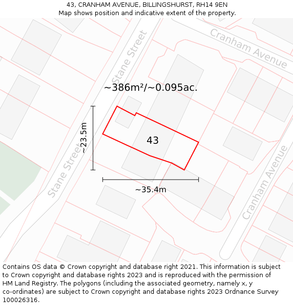 43, CRANHAM AVENUE, BILLINGSHURST, RH14 9EN: Plot and title map