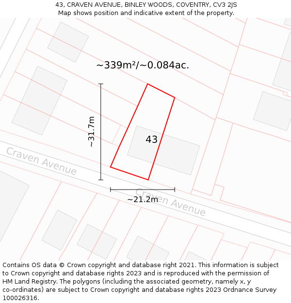 43, CRAVEN AVENUE, BINLEY WOODS, COVENTRY, CV3 2JS: Plot and title map