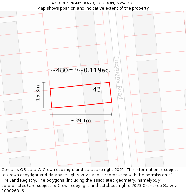 43, CRESPIGNY ROAD, LONDON, NW4 3DU: Plot and title map