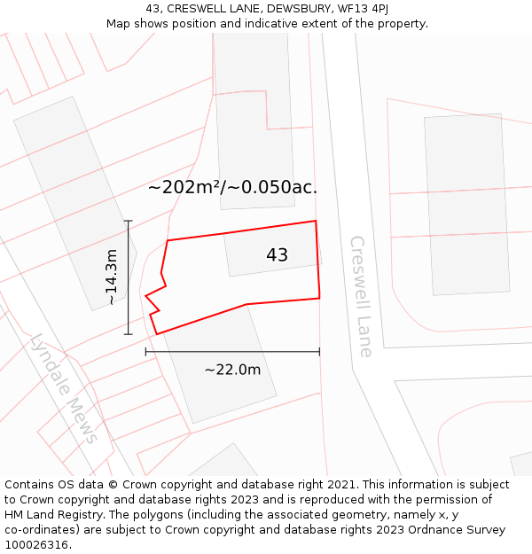 43, CRESWELL LANE, DEWSBURY, WF13 4PJ: Plot and title map