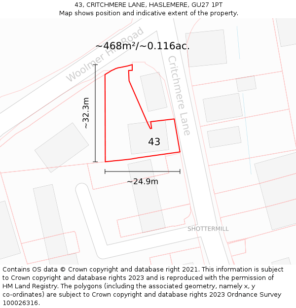 43, CRITCHMERE LANE, HASLEMERE, GU27 1PT: Plot and title map