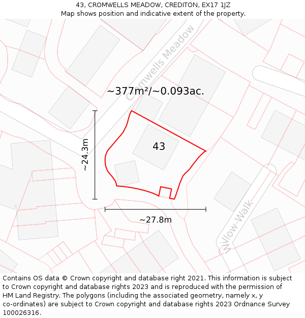 43, CROMWELLS MEADOW, CREDITON, EX17 1JZ: Plot and title map