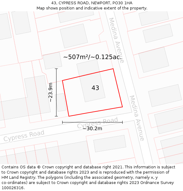 43, CYPRESS ROAD, NEWPORT, PO30 1HA: Plot and title map