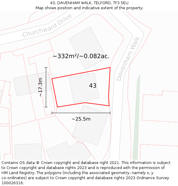 43, DAVENHAM WALK, TELFORD, TF3 5EU: Plot and title map