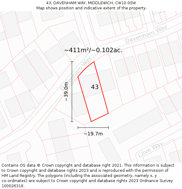 43, DAVENHAM WAY, MIDDLEWICH, CW10 0SW: Plot and title map