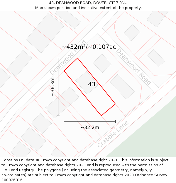 43, DEANWOOD ROAD, DOVER, CT17 0NU: Plot and title map