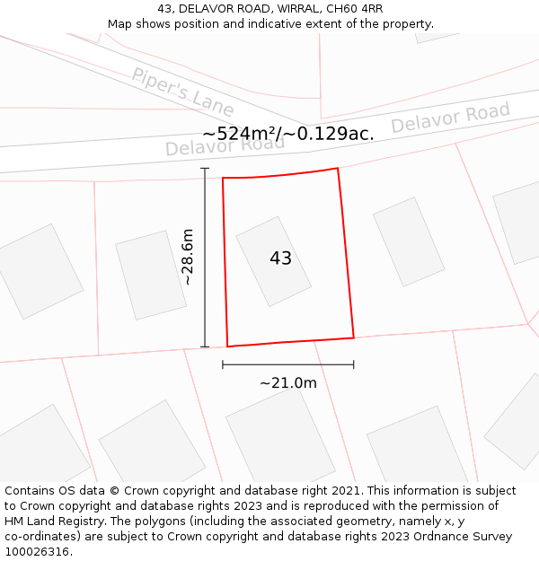 43, DELAVOR ROAD, WIRRAL, CH60 4RR: Plot and title map