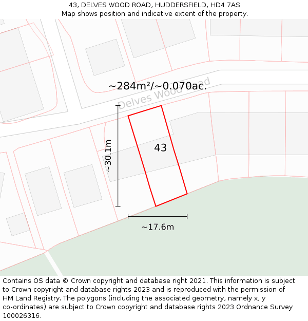 43, DELVES WOOD ROAD, HUDDERSFIELD, HD4 7AS: Plot and title map