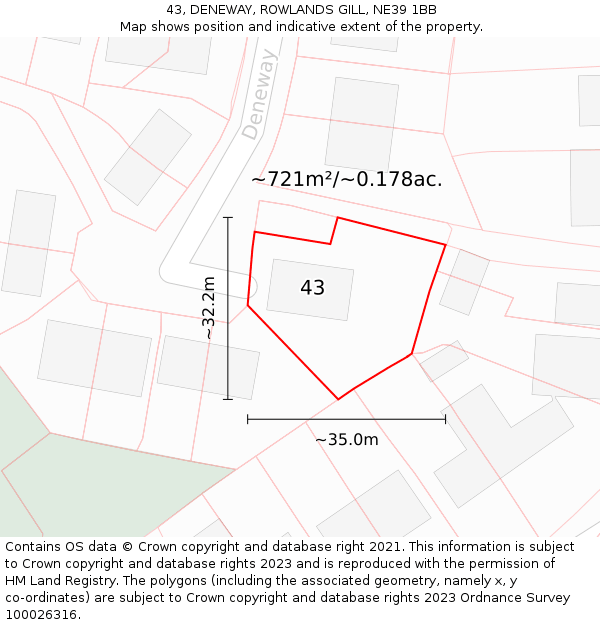 43, DENEWAY, ROWLANDS GILL, NE39 1BB: Plot and title map