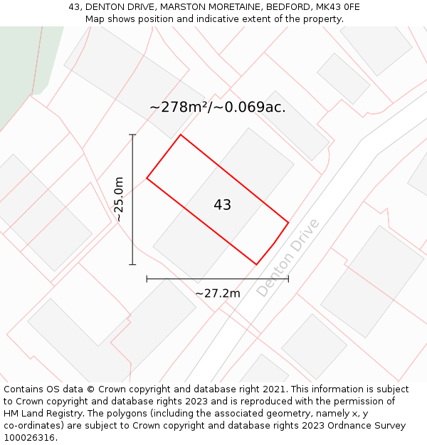 43, DENTON DRIVE, MARSTON MORETAINE, BEDFORD, MK43 0FE: Plot and title map