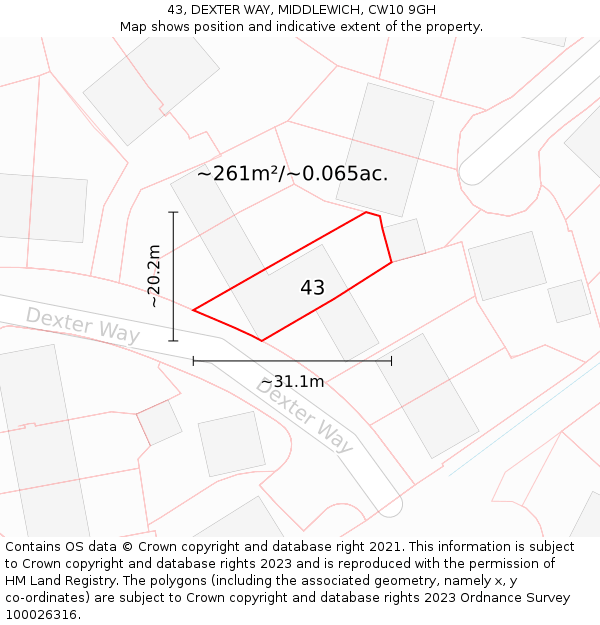 43, DEXTER WAY, MIDDLEWICH, CW10 9GH: Plot and title map