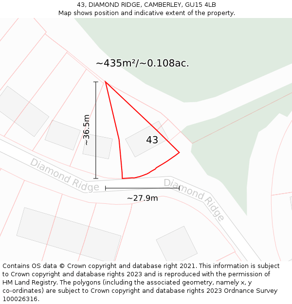 43, DIAMOND RIDGE, CAMBERLEY, GU15 4LB: Plot and title map