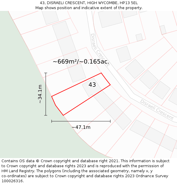 43, DISRAELI CRESCENT, HIGH WYCOMBE, HP13 5EL: Plot and title map