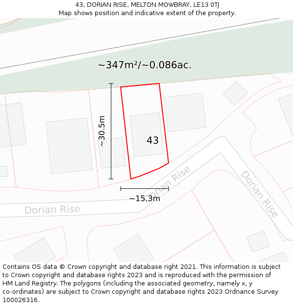 43, DORIAN RISE, MELTON MOWBRAY, LE13 0TJ: Plot and title map