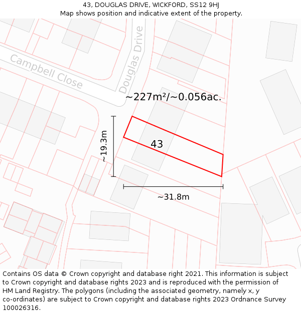 43, DOUGLAS DRIVE, WICKFORD, SS12 9HJ: Plot and title map