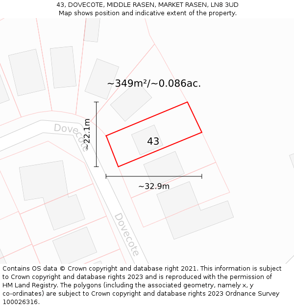 43, DOVECOTE, MIDDLE RASEN, MARKET RASEN, LN8 3UD: Plot and title map