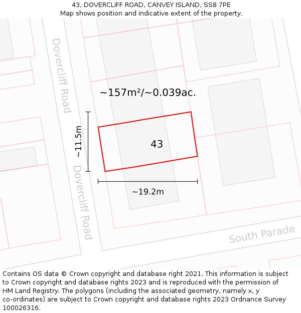 43, DOVERCLIFF ROAD, CANVEY ISLAND, SS8 7PE: Plot and title map