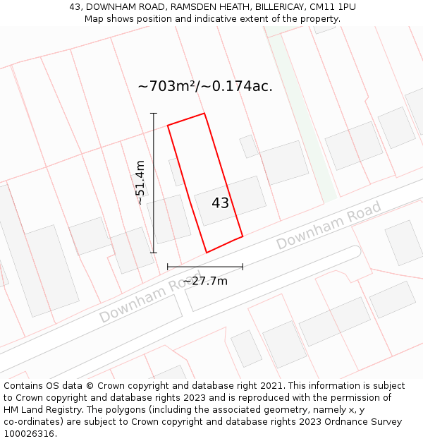 43, DOWNHAM ROAD, RAMSDEN HEATH, BILLERICAY, CM11 1PU: Plot and title map