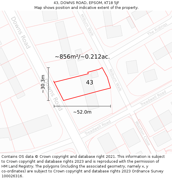 43, DOWNS ROAD, EPSOM, KT18 5JF: Plot and title map