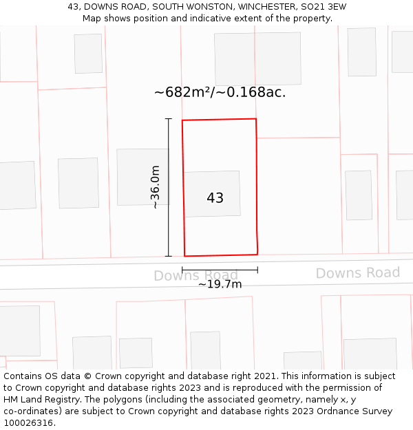 43, DOWNS ROAD, SOUTH WONSTON, WINCHESTER, SO21 3EW: Plot and title map