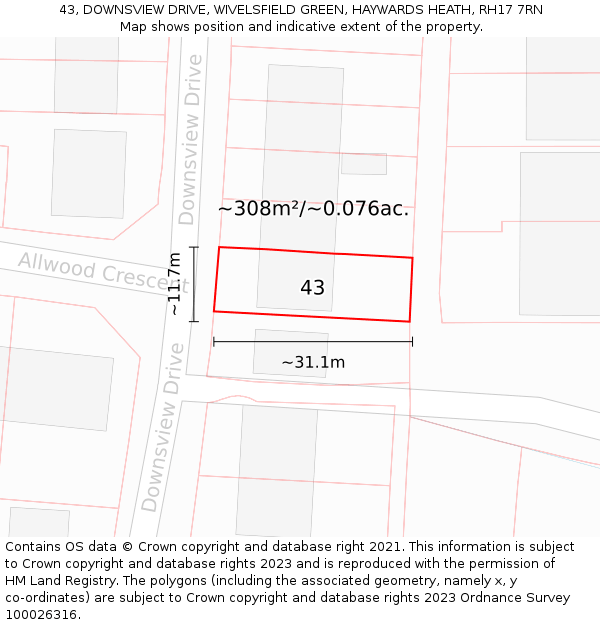 43, DOWNSVIEW DRIVE, WIVELSFIELD GREEN, HAYWARDS HEATH, RH17 7RN: Plot and title map