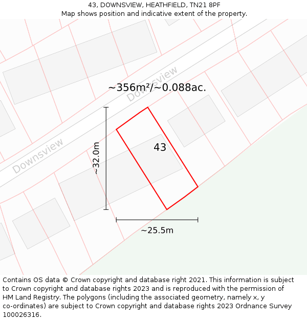 43, DOWNSVIEW, HEATHFIELD, TN21 8PF: Plot and title map