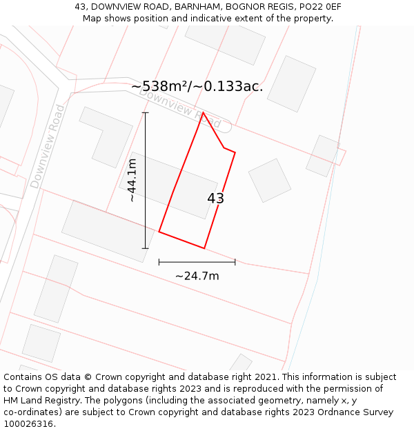 43, DOWNVIEW ROAD, BARNHAM, BOGNOR REGIS, PO22 0EF: Plot and title map