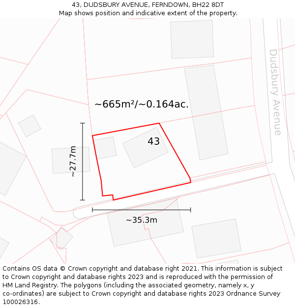 43, DUDSBURY AVENUE, FERNDOWN, BH22 8DT: Plot and title map