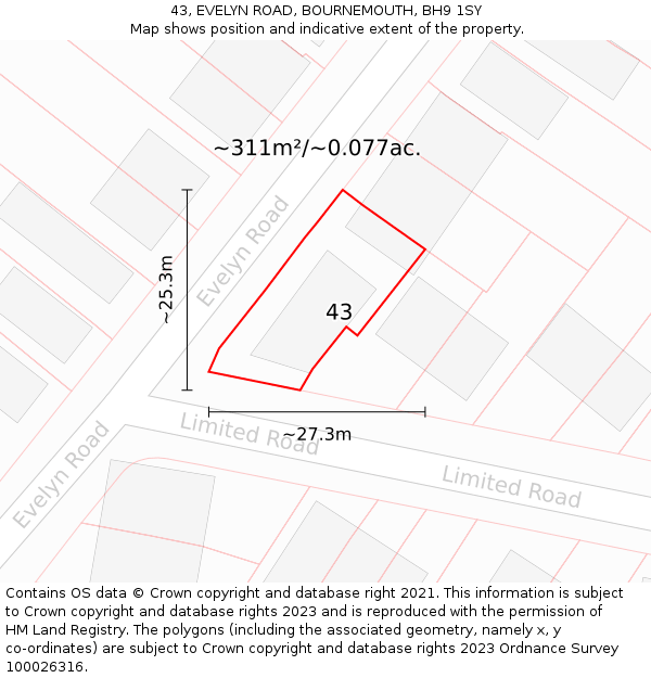43, EVELYN ROAD, BOURNEMOUTH, BH9 1SY: Plot and title map
