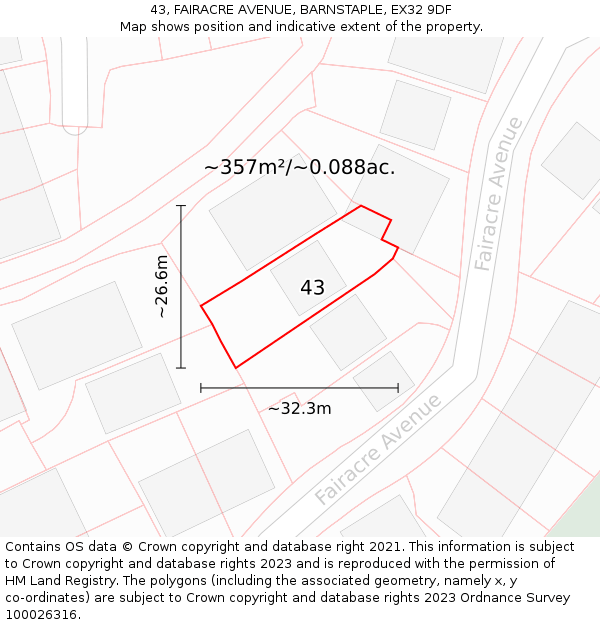 43, FAIRACRE AVENUE, BARNSTAPLE, EX32 9DF: Plot and title map