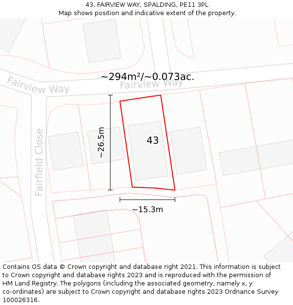 43, FAIRVIEW WAY, SPALDING, PE11 3PL: Plot and title map