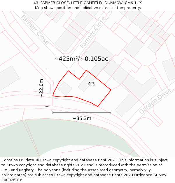 43, FARMER CLOSE, LITTLE CANFIELD, DUNMOW, CM6 1HX: Plot and title map