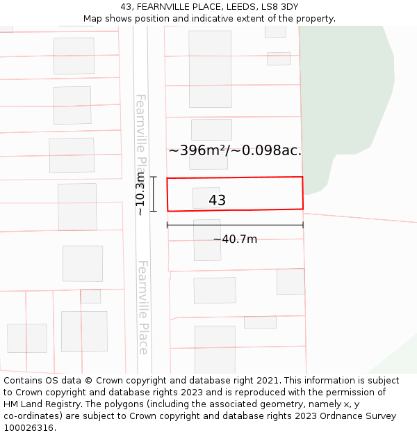 43, FEARNVILLE PLACE, LEEDS, LS8 3DY: Plot and title map