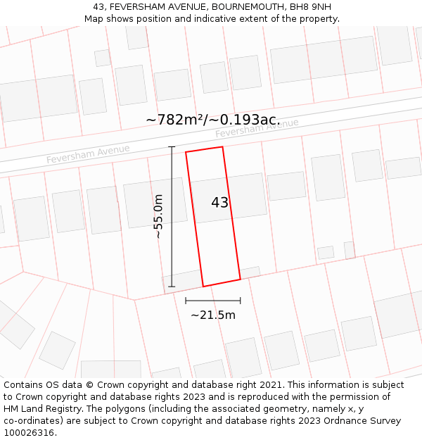 43, FEVERSHAM AVENUE, BOURNEMOUTH, BH8 9NH: Plot and title map