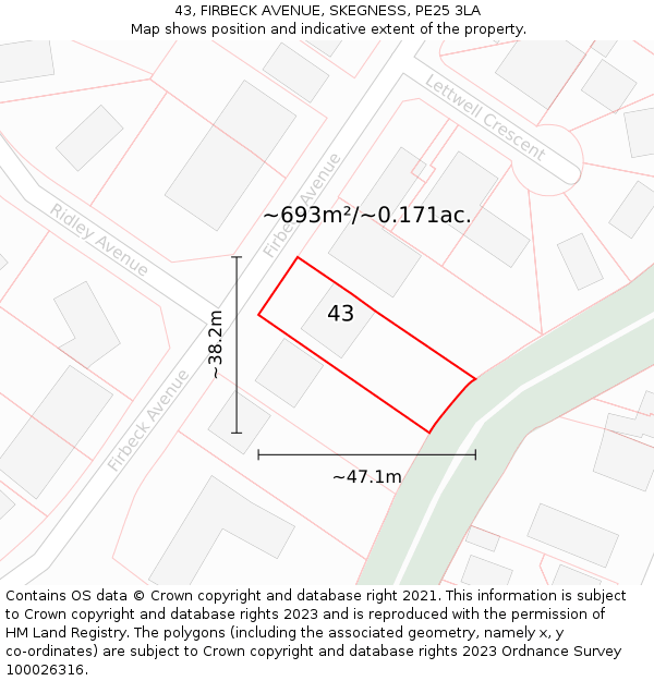 43, FIRBECK AVENUE, SKEGNESS, PE25 3LA: Plot and title map