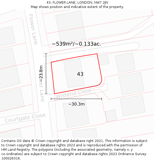 43, FLOWER LANE, LONDON, NW7 2JN: Plot and title map