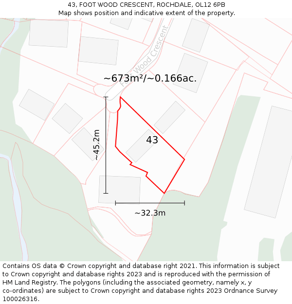 43, FOOT WOOD CRESCENT, ROCHDALE, OL12 6PB: Plot and title map