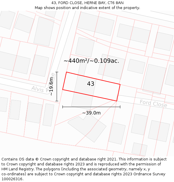 43, FORD CLOSE, HERNE BAY, CT6 8AN: Plot and title map