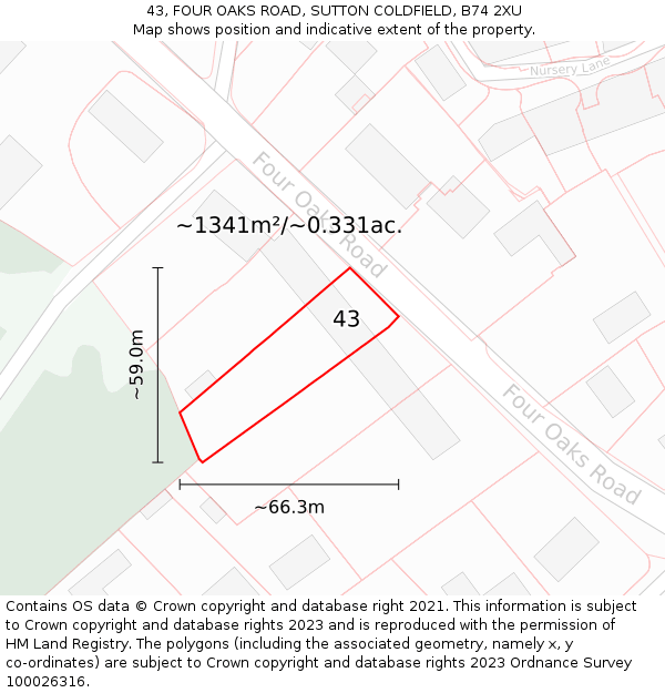43, FOUR OAKS ROAD, SUTTON COLDFIELD, B74 2XU: Plot and title map