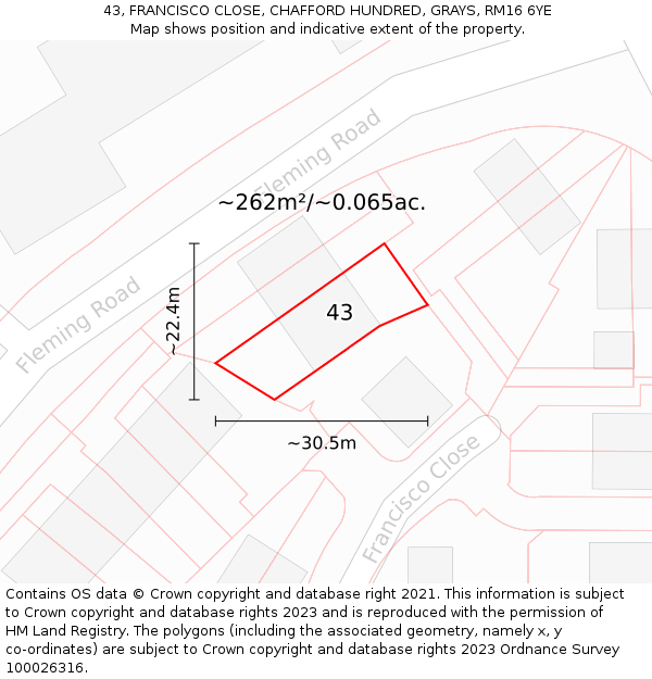 43, FRANCISCO CLOSE, CHAFFORD HUNDRED, GRAYS, RM16 6YE: Plot and title map