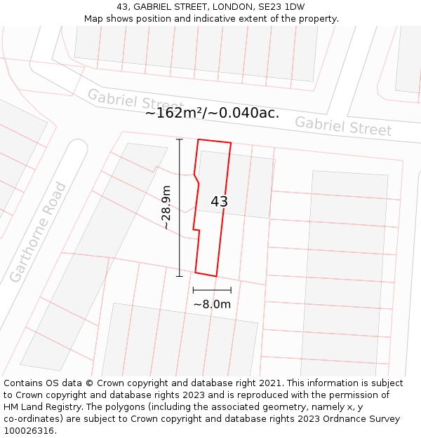 43, GABRIEL STREET, LONDON, SE23 1DW: Plot and title map