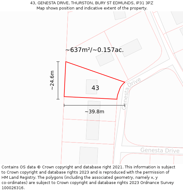 43, GENESTA DRIVE, THURSTON, BURY ST EDMUNDS, IP31 3PZ: Plot and title map