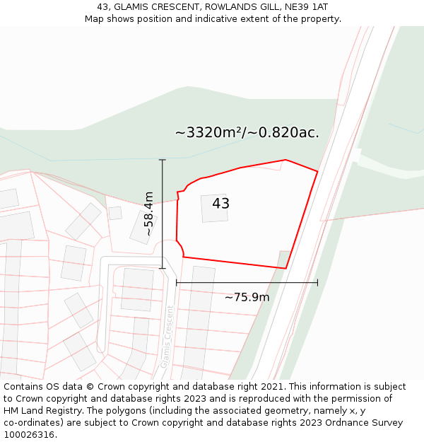 43, GLAMIS CRESCENT, ROWLANDS GILL, NE39 1AT: Plot and title map