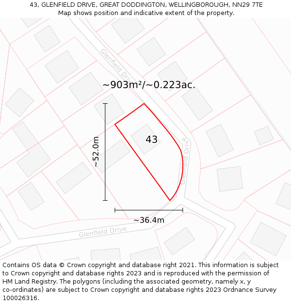 43, GLENFIELD DRIVE, GREAT DODDINGTON, WELLINGBOROUGH, NN29 7TE: Plot and title map